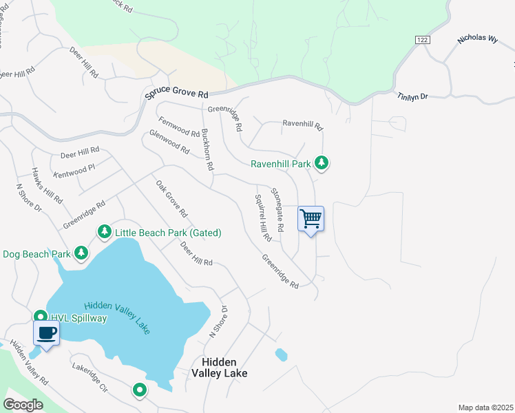 map of restaurants, bars, coffee shops, grocery stores, and more near 17171 Squirrel Hill Road in Hidden Valley Lake