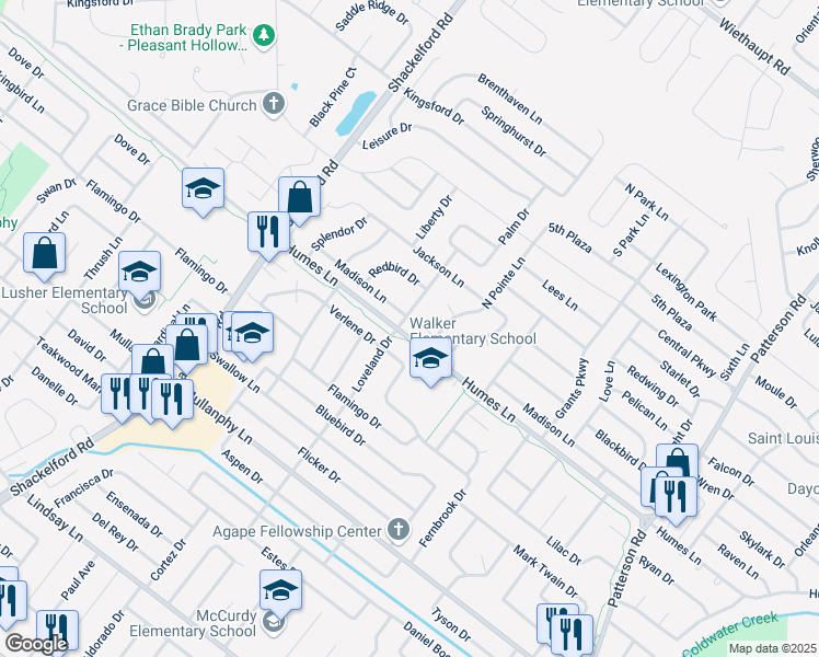 map of restaurants, bars, coffee shops, grocery stores, and more near 1295 Humes Lane in Florissant