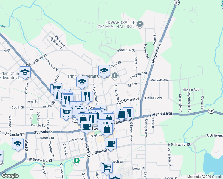 map of restaurants, bars, coffee shops, grocery stores, and more near 514 Chapman Street in Edwardsville