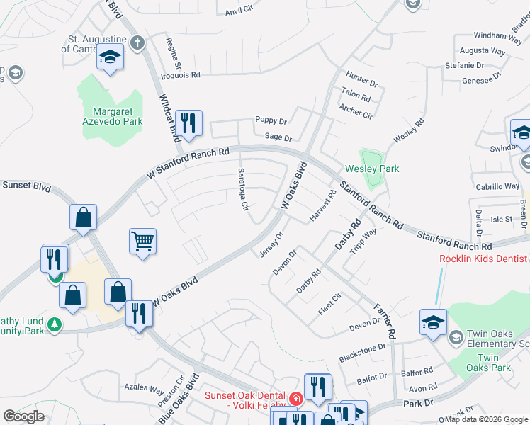 map of restaurants, bars, coffee shops, grocery stores, and more near 5629 Saratoga Circle in Rocklin