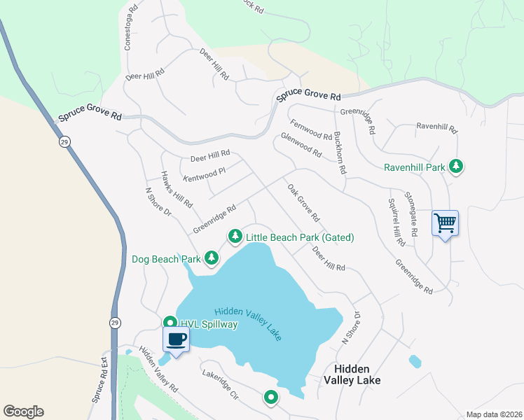 map of restaurants, bars, coffee shops, grocery stores, and more near 18556 North Shore Drive in Hidden Valley Lake