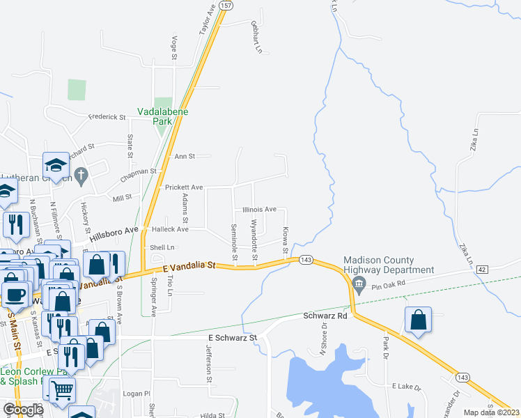 map of restaurants, bars, coffee shops, grocery stores, and more near 1105 Illinois Avenue in Edwardsville