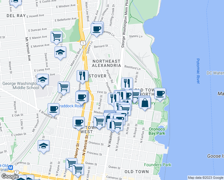 map of restaurants, bars, coffee shops, grocery stores, and more near 941 Powhatan Street in Alexandria