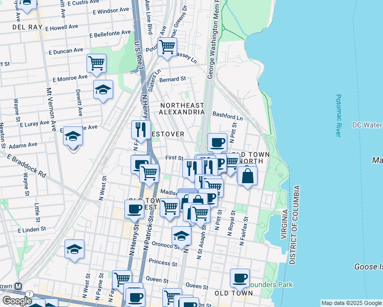 map of restaurants, bars, coffee shops, grocery stores, and more near 941 Powhatan Street in Alexandria