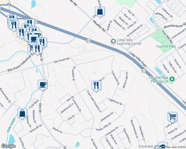 map of restaurants, bars, coffee shops, grocery stores, and more near 1012 Bellevaux Place in Saint Charles