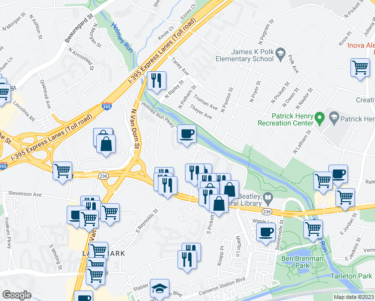 map of restaurants, bars, coffee shops, grocery stores, and more near 5340 Holmes Run Parkway in Alexandria