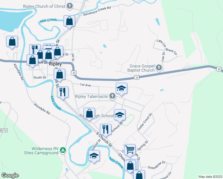 map of restaurants, bars, coffee shops, grocery stores, and more near 334 2nd Ave in Ripley