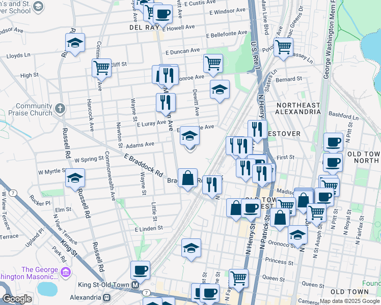 map of restaurants, bars, coffee shops, grocery stores, and more near 1005 Mount Vernon Avenue in Alexandria