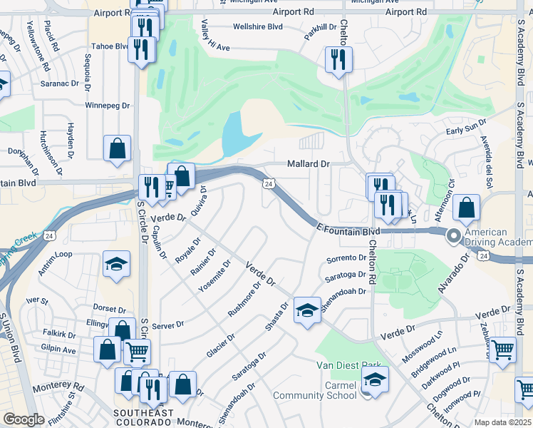 map of restaurants, bars, coffee shops, grocery stores, and more near 1108 Yosemite Drive in Colorado Springs