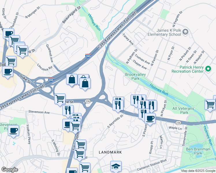 map of restaurants, bars, coffee shops, grocery stores, and more near 200 Century Place in Alexandria