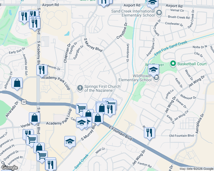 map of restaurants, bars, coffee shops, grocery stores, and more near 1355 Sandpiper Drive in Colorado Springs