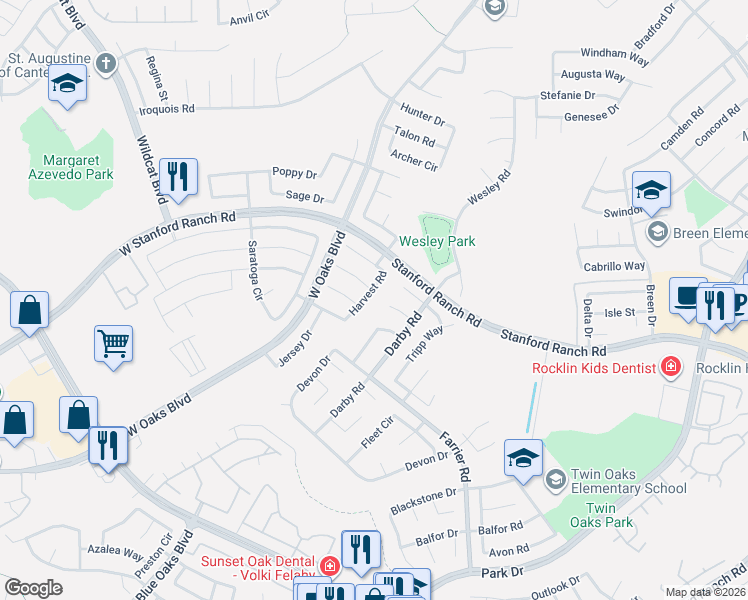 map of restaurants, bars, coffee shops, grocery stores, and more near 2323 Heron Court in Rocklin