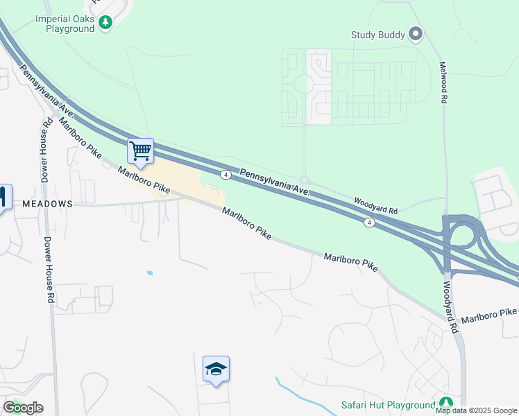 map of restaurants, bars, coffee shops, grocery stores, and more near 9702 Marlboro Pike in Upper Marlboro
