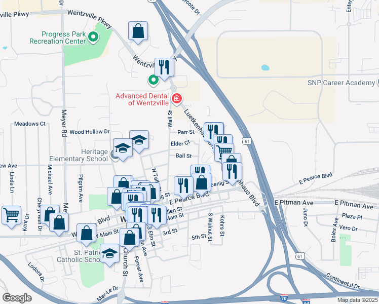 map of restaurants, bars, coffee shops, grocery stores, and more near 612 Ball Street in Wentzville