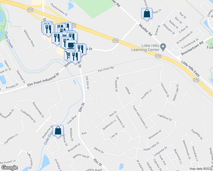 map of restaurants, bars, coffee shops, grocery stores, and more near 3 Clover Lane in Saint Charles
