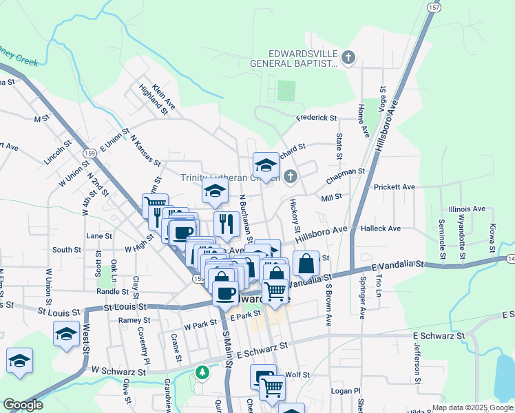 map of restaurants, bars, coffee shops, grocery stores, and more near 308 North Buchanan Street in Edwardsville