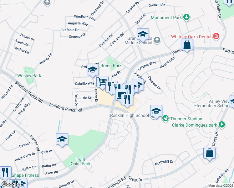 map of restaurants, bars, coffee shops, grocery stores, and more near 2835 Park Drive in Rocklin