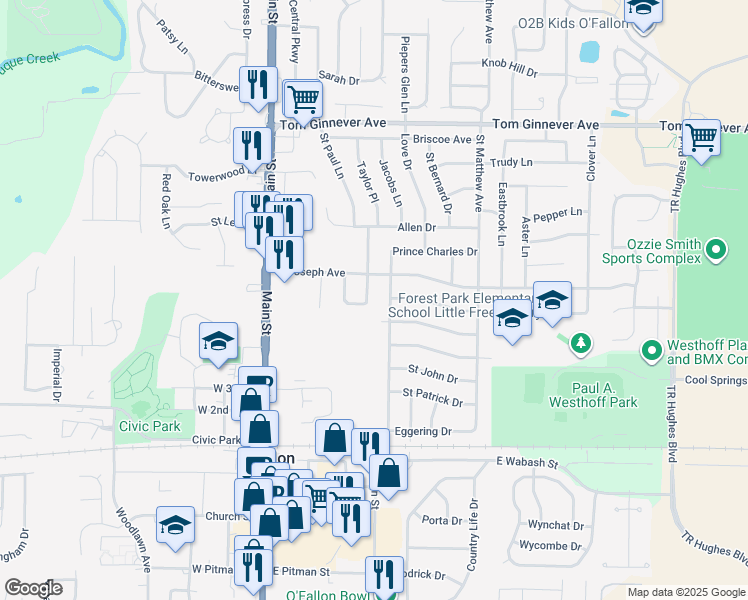 map of restaurants, bars, coffee shops, grocery stores, and more near 22 Saint Paul Court in O'Fallon