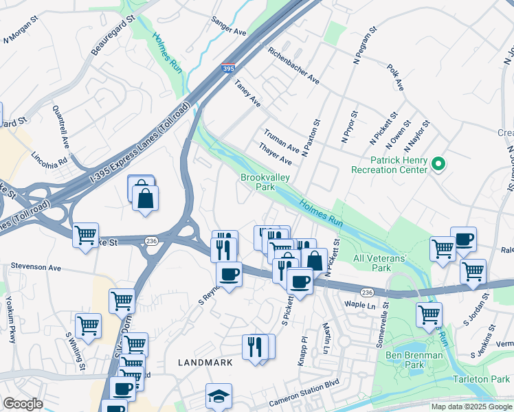 map of restaurants, bars, coffee shops, grocery stores, and more near 5340 Holmes Run Parkway in Alexandria