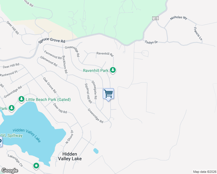 map of restaurants, bars, coffee shops, grocery stores, and more near 16927 Greenridge Road in Hidden Valley Lake
