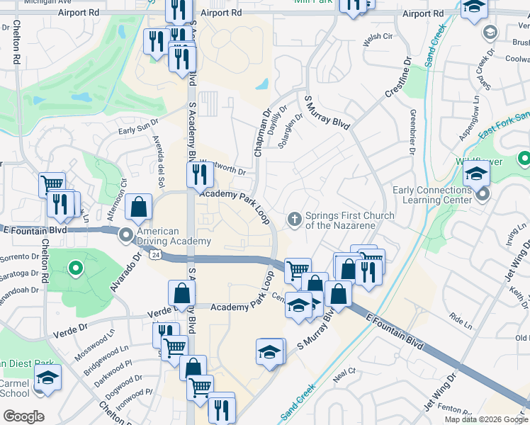map of restaurants, bars, coffee shops, grocery stores, and more near 1111 Academy Park Loop in Colorado Springs