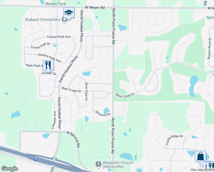 map of restaurants, bars, coffee shops, grocery stores, and more near 2485 Bear Creek Drive in Wentzville