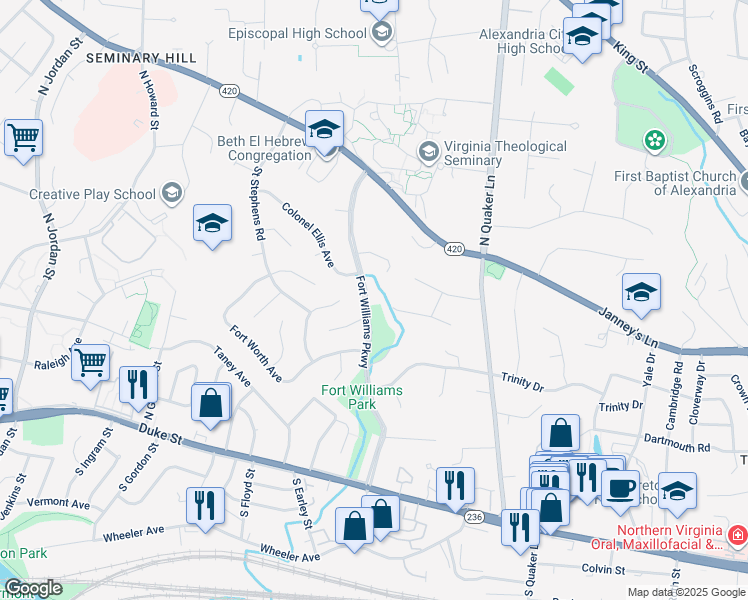 map of restaurants, bars, coffee shops, grocery stores, and more near 515 Fort Williams Parkway in Alexandria