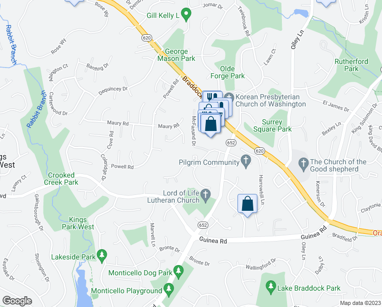 map of restaurants, bars, coffee shops, grocery stores, and more near 9674 Thackery Square in Fairfax