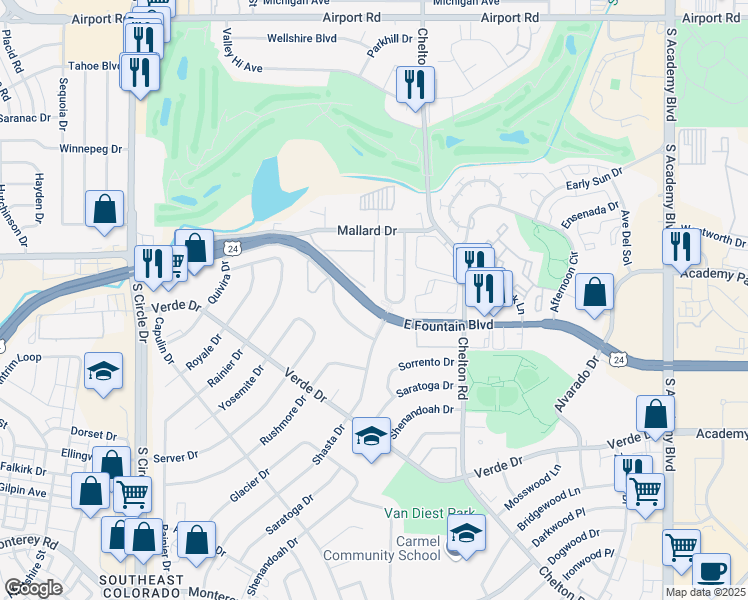 map of restaurants, bars, coffee shops, grocery stores, and more near 3070 U.S. 24 in Colorado Springs