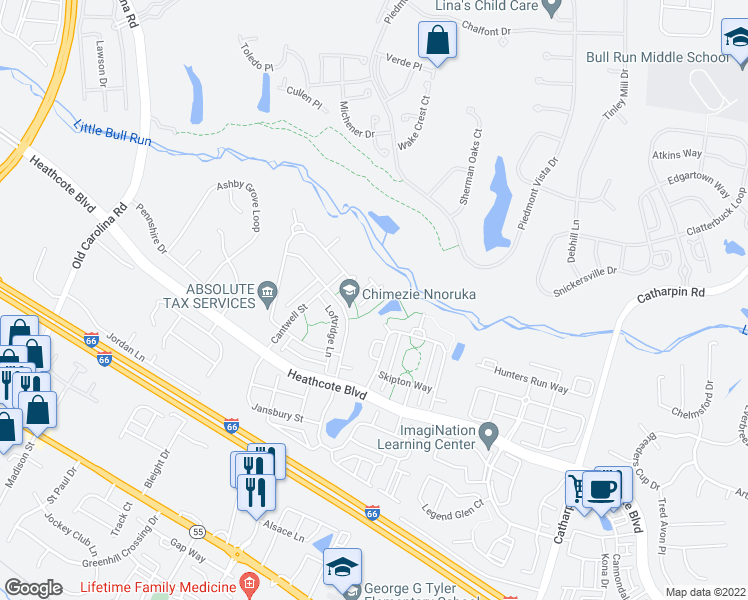 map of restaurants, bars, coffee shops, grocery stores, and more near 18256 Camdenhurst Drive in Gainesville