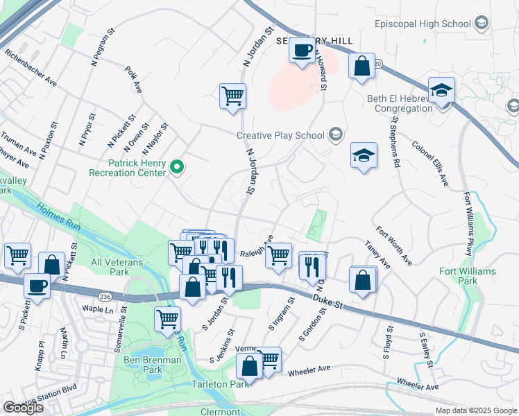 map of restaurants, bars, coffee shops, grocery stores, and more near 4450 Raleigh Avenue in Alexandria