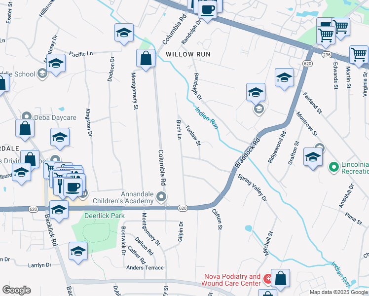 map of restaurants, bars, coffee shops, grocery stores, and more near 4931 Birch Lane in Alexandria