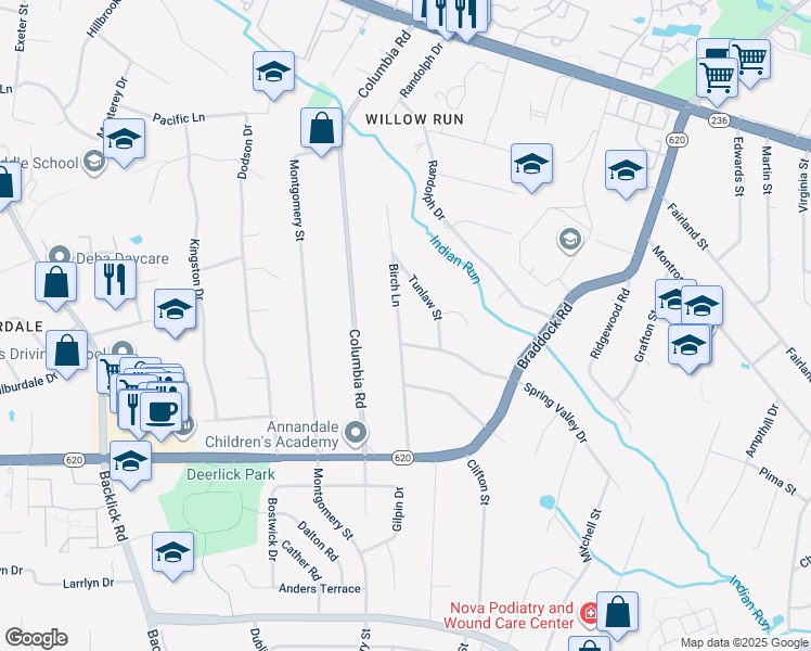 map of restaurants, bars, coffee shops, grocery stores, and more near 4931 Birch Lane in Alexandria