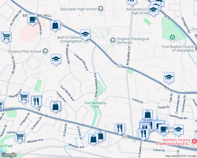 map of restaurants, bars, coffee shops, grocery stores, and more near 515 Fort Williams Parkway in Alexandria