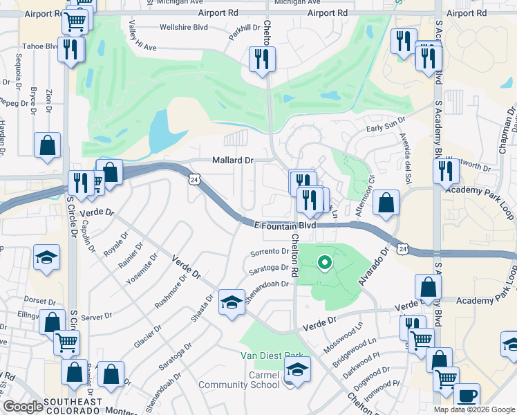 map of restaurants, bars, coffee shops, grocery stores, and more near 1108 Mazatlan Circle in Colorado Springs