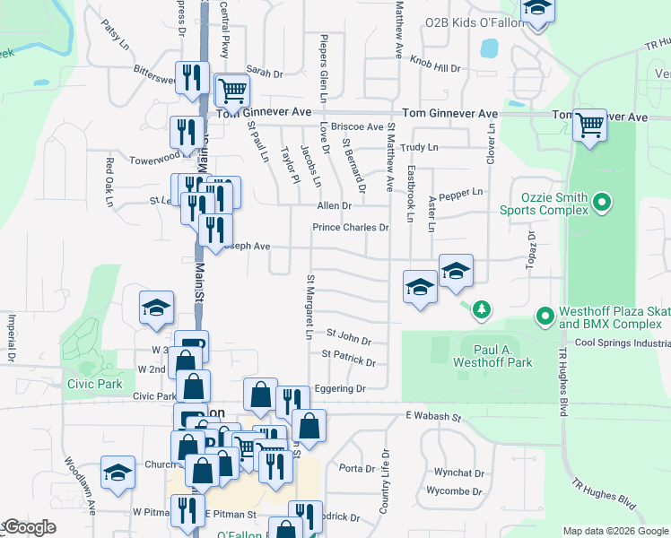 map of restaurants, bars, coffee shops, grocery stores, and more near 406 Prince David Drive in O'Fallon