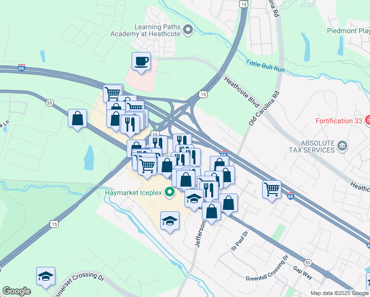 map of restaurants, bars, coffee shops, grocery stores, and more near 15129 Jaxton Square Lane in Haymarket
