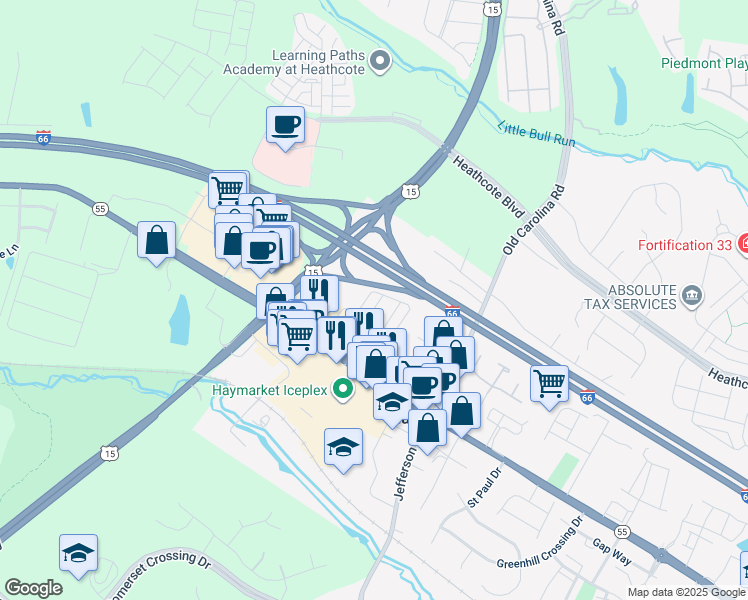 map of restaurants, bars, coffee shops, grocery stores, and more near 15129 Jaxton Square Lane in Haymarket
