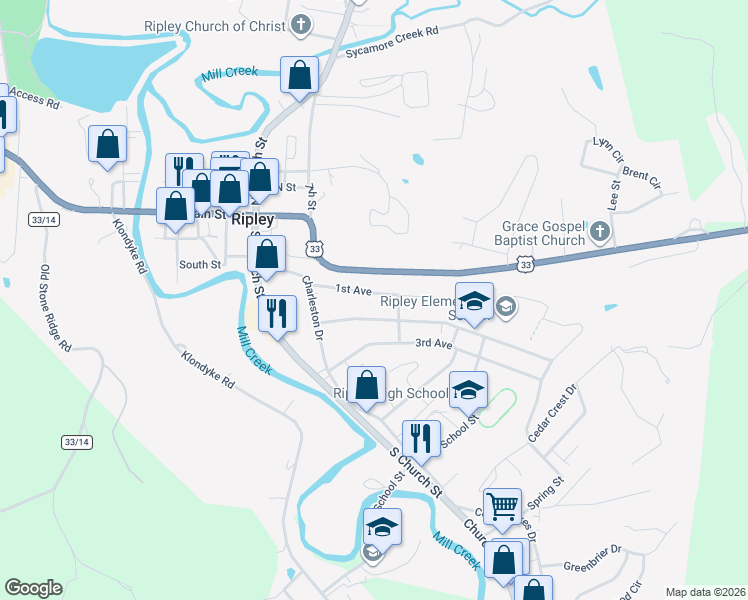 map of restaurants, bars, coffee shops, grocery stores, and more near 242 2nd Ave in Ripley