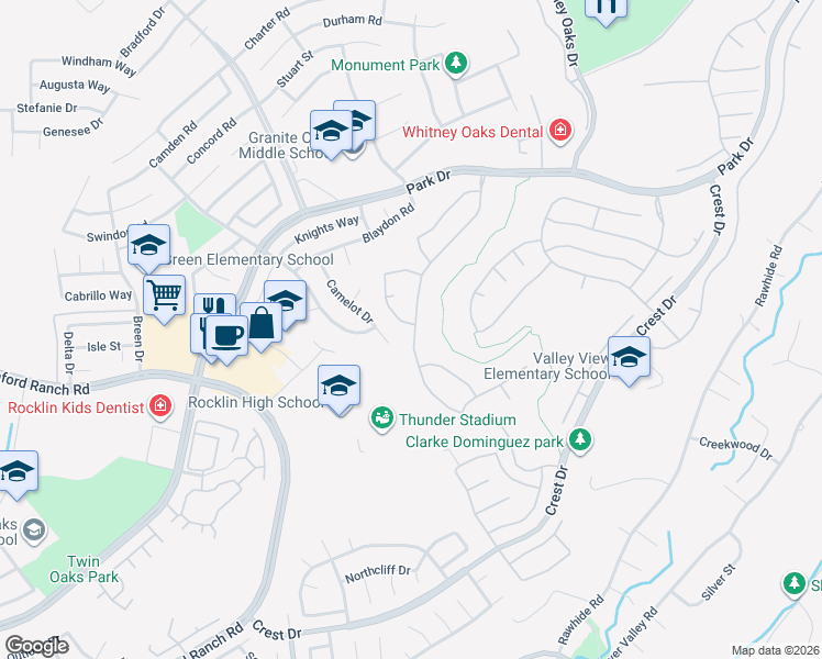 map of restaurants, bars, coffee shops, grocery stores, and more near 2854 Hillcrest Road in Rocklin
