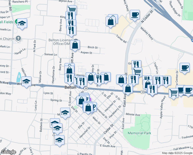 map of restaurants, bars, coffee shops, grocery stores, and more near 111 North Chestnut Street in Belton