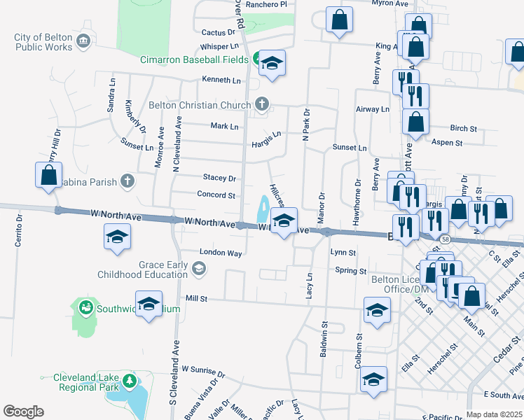 map of restaurants, bars, coffee shops, grocery stores, and more near 404 West North Avenue in Belton