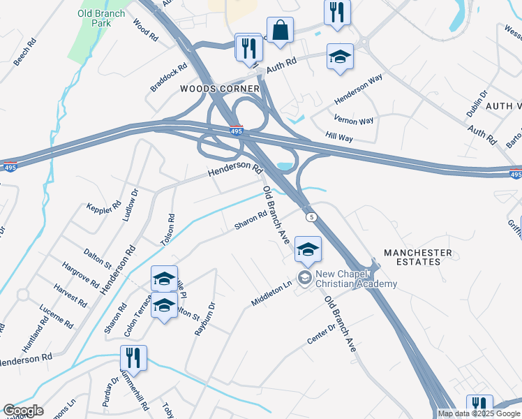 map of restaurants, bars, coffee shops, grocery stores, and more near 5112 Sharon Road in Temple Hills