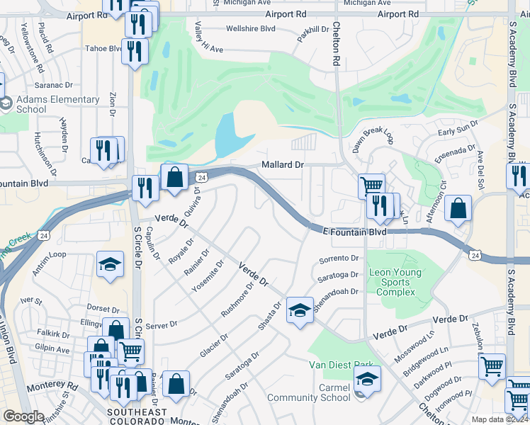 map of restaurants, bars, coffee shops, grocery stores, and more near 3025 East Fountain Boulevard in Colorado Springs