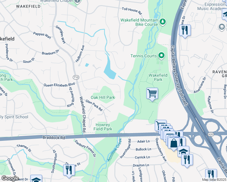 map of restaurants, bars, coffee shops, grocery stores, and more near 8304 Beaverdam Court in Annandale