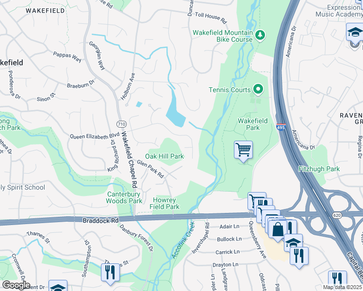 map of restaurants, bars, coffee shops, grocery stores, and more near 8304 Beaverdam Court in Annandale