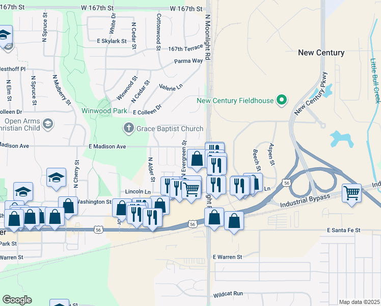 map of restaurants, bars, coffee shops, grocery stores, and more near 351 North Evergreen Street in Gardner
