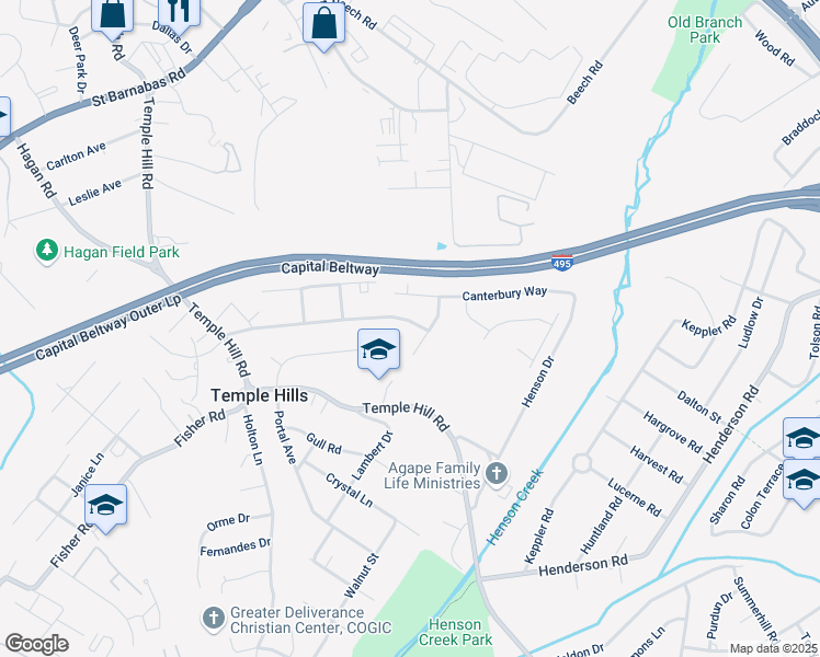 map of restaurants, bars, coffee shops, grocery stores, and more near 3907 Spring Terrace in Temple Hills