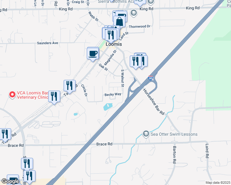 map of restaurants, bars, coffee shops, grocery stores, and more near 5940 Becky Way in Loomis