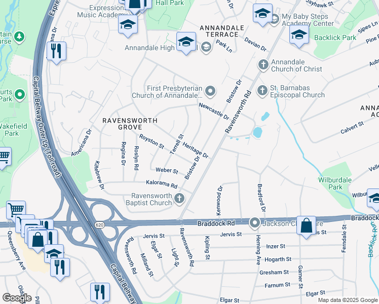 map of restaurants, bars, coffee shops, grocery stores, and more near 7609 Heritage Drive in Annandale
